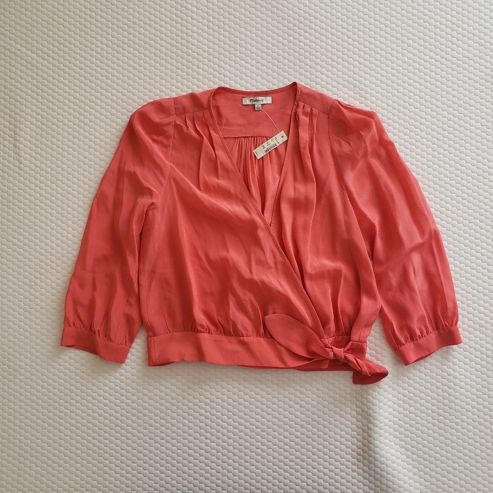 Madewell 3/4 silk wrap top pink coral Small